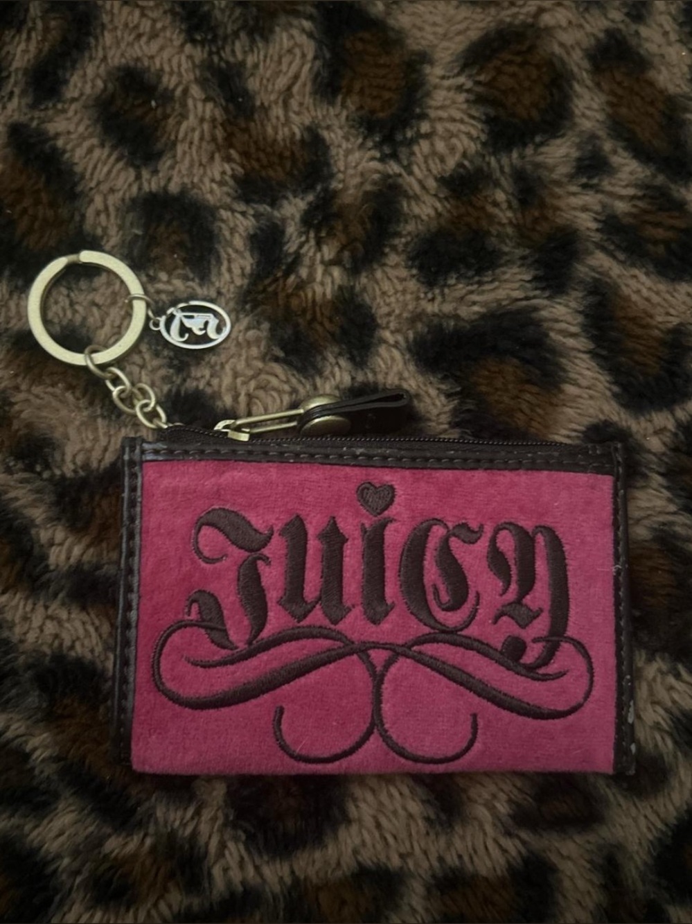 Juicy Couture Pink and Brown Logo Zip Card Pouch with Keyring